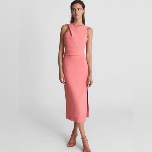 REISS imogen sleeveless ruched midi dress pink 4 event occasion party - Picture 1 of 10